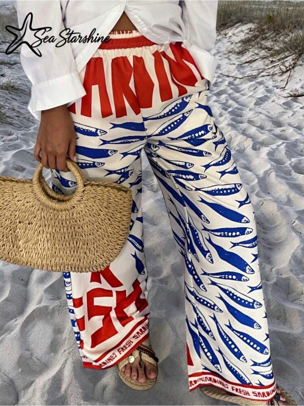 Women's Wide-Leg Printed Pants in White, Blue & Red